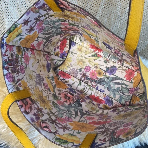Reversible leather handbag Vegan purse Floral Print Dandelion Mustard Gold - Picture 3 of 10